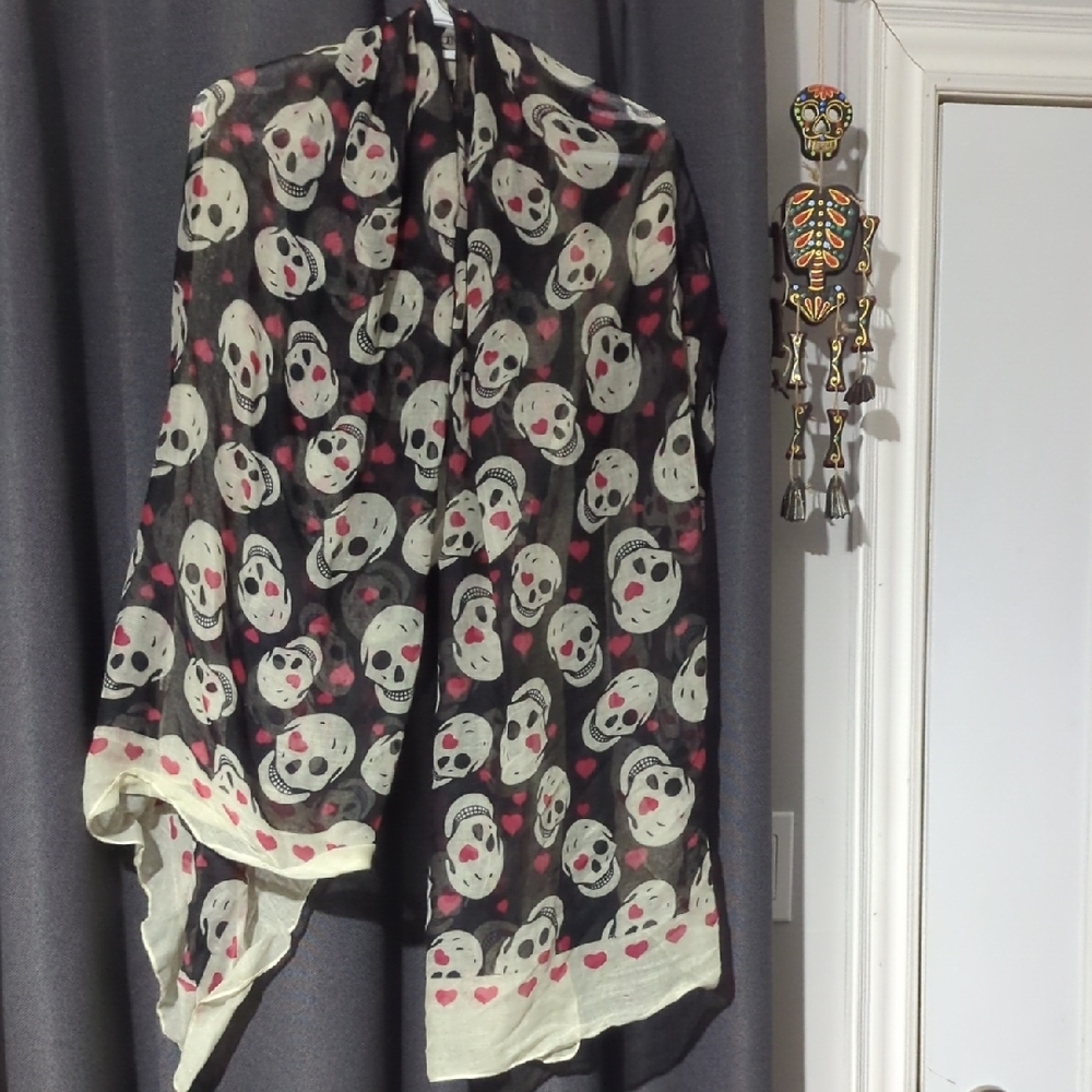 Skull Print Scarf/Wrap with Heart Accents